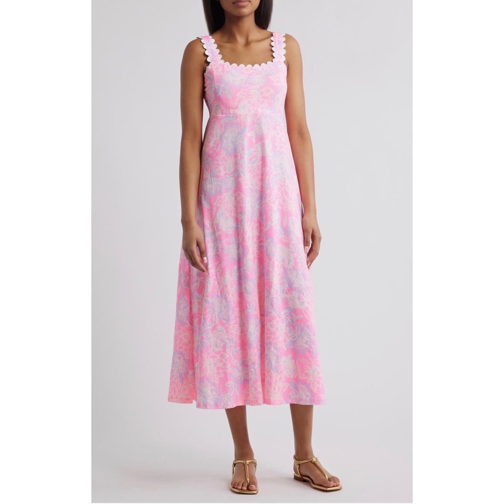 Lilly Pulitzer Pink Floral Scallop Trim Smocked Midi Dress Womens Medium
